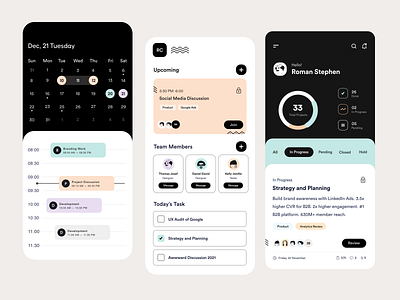 App UI book now calendar card ui clean discussion meeting app meeting room product design profile task task management task manager team typography ui ui ux user experience user interface ux white