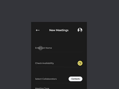 App Interaction animation booking calendar clean dark date event interection meeting app motion graphic night mode product design team typography ui ui ux user experience user interface ux