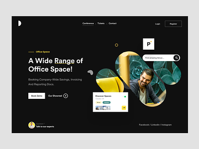 Landing Page booking booking website branding card ui clean dark theme hero landing page office office space product design space typography ui ui-ux user experience user interface ux website white