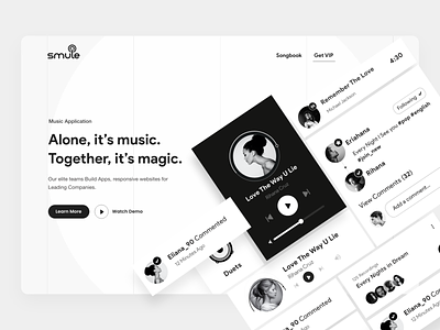 Web UI black and white card ui clean design feature header landing page light theme menu music landing page product design singing app typography ui ui ux user experience ux voice app website