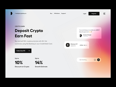 Landing UI bitcoin clean crypto design feature finance header hero banner landing page product design stats typography ui ui ux user experience ux website