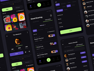 App UI app ui black ui branding dark theme filter followers mobile app mobile app development music app podcast product design profile social app typography ui ui ux user experience ux