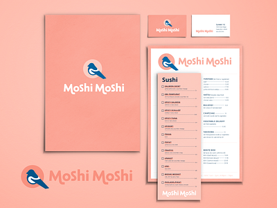 Moshi Moshi :: Branding Assets bird brand branding business card logo logo mark logo type logotype magpie menu pink restaurant stationary stationery sushi