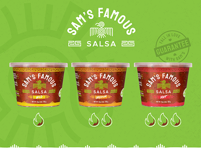 Sam's Famous Salsa :: Packaging addictive bird deli family history food fresh heat label logo package packaging produce salsa spicy stores traditional tub vibrant
