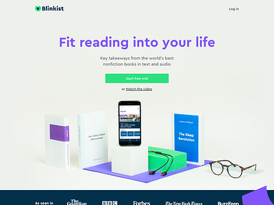 Blinkist Homepage app art direction audio books branding design page photography product shot reading signup simple ux ui visual identity webdesign