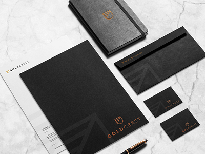 Goldcrest Stationery brand branding crest goldcrest logo logomark mark marque premium shield shield logo