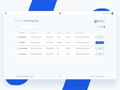 Tapp Event admin blue cards dashboard design event interface list ui ux web