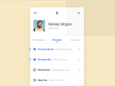 Tapp - Profile app blue blue and yellow clean contacts design design app details interface ios minimal mobile personal information profile simple social networks ui ux white
