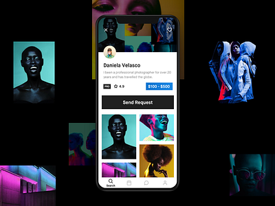 Photographer Profile app black bold clean design foto interface ios minimal photograhy profile search bar send request simple ui ux white