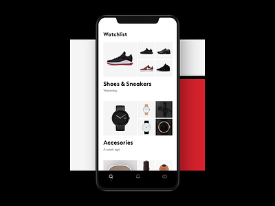 Watchlist app black bold categories clean design hellohello interface ios minimal mondrianism products red simple ui ux watchlist white