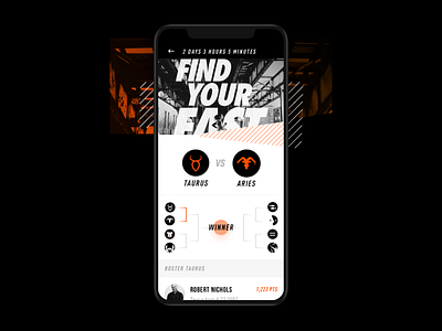 Tournament app black bold clean dark design hellohello interface ios minimal orange simple tournament typography ui ux white zodiac