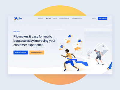 Piio app birds blue branding clean design exploration hellohello home illustration images landing piio runner speed ui ux web website yellow