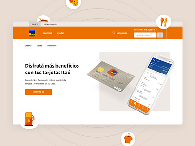 Itaú - Tarjetas bank clean credit card design finance hellohello hero itau landing layout minimal modern orange phone seema ui ux web website white