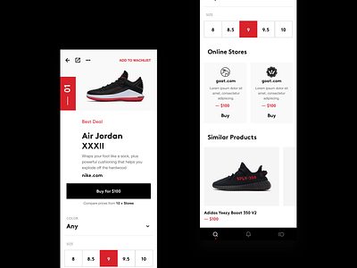 Sneakers - Trading app black bold categories clean design hellohello interface ios minimal mondrianism products red shoes simple sneakers ui ux watchlist white