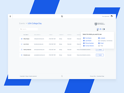 Tapp admin blue campus cards college dashboard design event hellohello interface list options simple simple clean interface table tapp ui ux web white