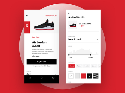 Sneakers deals app black bold categories clean design hellohello interface ios minimal mondrianism products red shoes simple sneakers ui ux watchlist white
