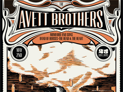 Gig Poster avett brothers band poster black bombs gig poster illustration orange poster retro sketch texture typography vintage wood cut