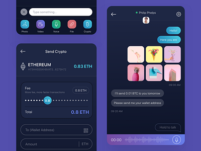 Crypto Chat app blue btc crypto dark design eth market ui uiux ux