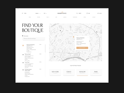 Find Your Boutique boutique brand desktop gold interface jewelry map navigation pearls search typography ui ux website