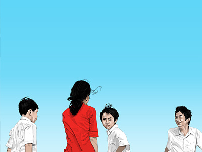 Kids asia blue digital illustration painting red sky white