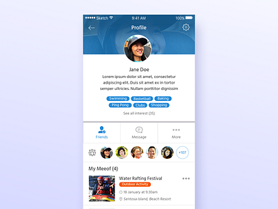 Event App | Profile about addfriend event friends interest me message past profile tags