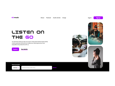 Music/Podcast web application landingpage ui ux