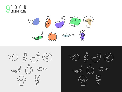 9 food one line icons app branding design fish food fruits graphic design health healthy food icon icons illustration line logo outline typography ui ux vector vegetables
