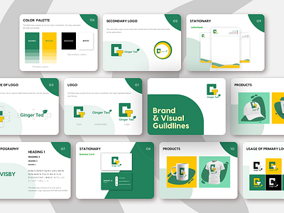 GINGER TEA - BRAND GUIUDELINES brand brand book brand guidelines branding green letterhead logo mockup products tea ui visiting card