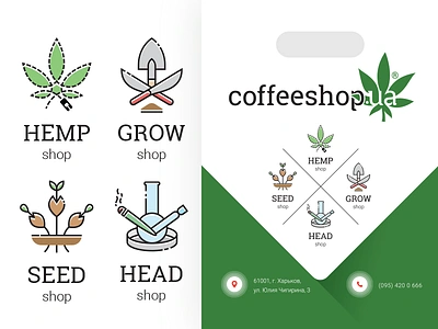 Icons + bag design for Coffeeshop.ua bag cannabis grow hemp icons marijuana seeds ui