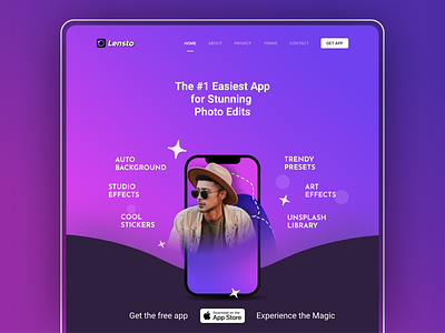 Lensto - Photo Editing App Landing Page Design app app store apple branding design designer desktop download editing illustration ios landing lensto logo mobile modern page photo ui ui ux