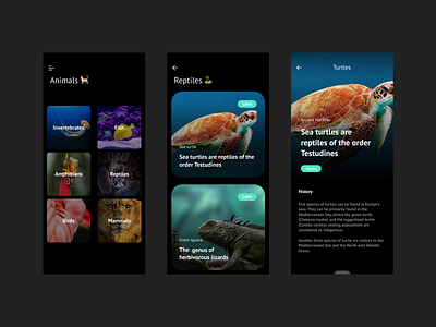 Discovering Animals App animals app app concept app desing clean concenpt dark mode design discover forest ios minimal mobile mobile app nature ui wild zoo