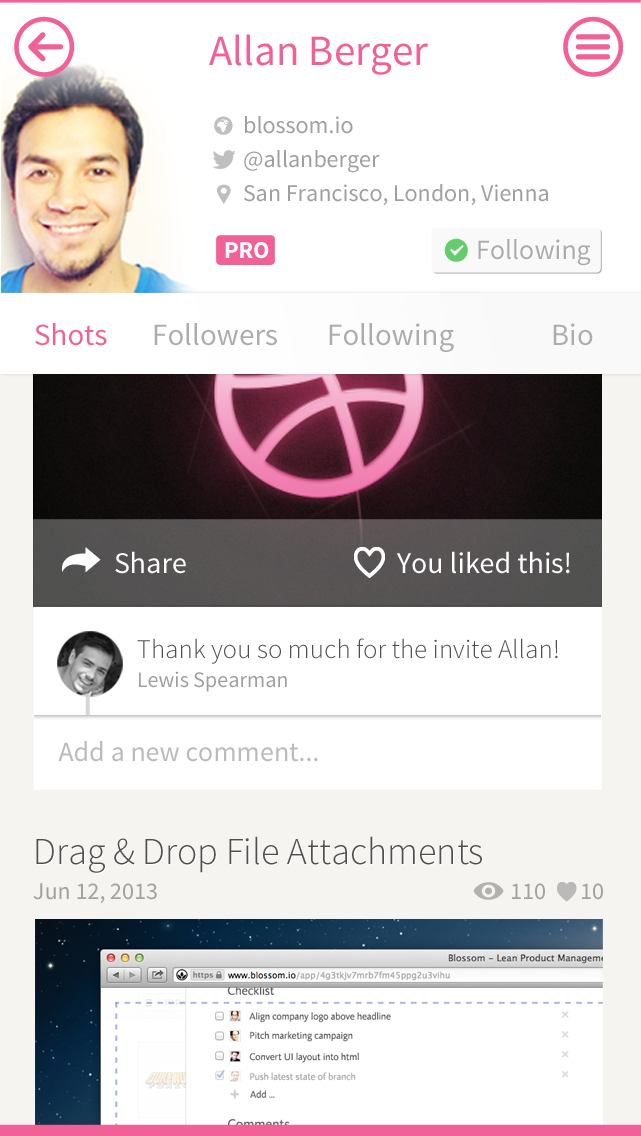 Thank you Allan! Dribbble iOS client by Lewis Spearman on Dribbble