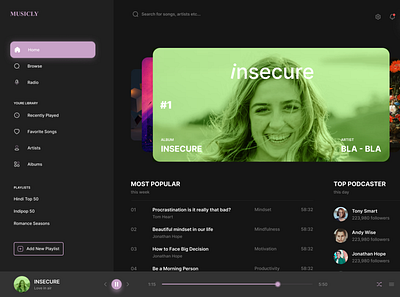 Music Streaming Dashboard album concert live music music streaming play playlist podcast radio song spotify streaming tracks ux design web