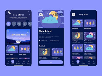 Sleep App UI Design app design bedtime clean dark mode illustration meditation app mobile night sleep ui ux vector