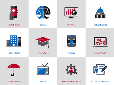 Information Management Industry Icons animated blue education government healthcare icons insurance logos modern real estate red tiles