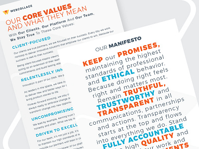 Webcollage Values Manifesto company beliefs core values employees graphic design integrity manifesto ognen trpeski print design system of believes trpeski design trust us visual design