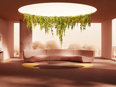 somethingcomforting. 3d abstract c4d clouds illustration livingroom minimal octane pink plants render rug set sofa