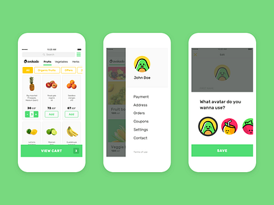 iOS app - UI Fruits and veggies ecommerce art branding character delivery food green illustration ios iphone shopping ui ux