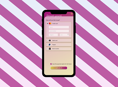 #DailyUI 002 Credit Card Checkout screen 002 credit card credit card checkout credit card form dailyui dailyui002 design design pink and yellow mobile design mobile design inspiration payment design payment form phone design ui ux