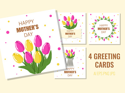 4 greeting cards for Mother's Day greeting post template tulip