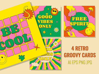 Set of Retro Groovy cards banner be cards cool design free good graphic design groovy hippie illustartion post poster product psychedelic retro spirit vibes vintage