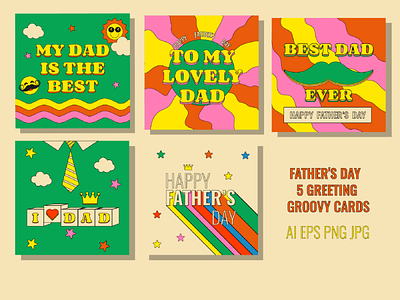 5 Greeting Cards Happy Father's Day hippie illustration post psychedelic summer vector vintage