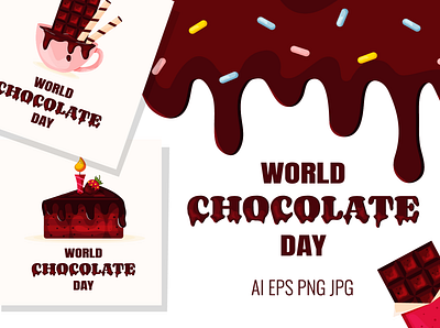 Chocolate Set World Chocolate Day badge bakery cake card chocolate coffee hot illustration sweet world chocolate day