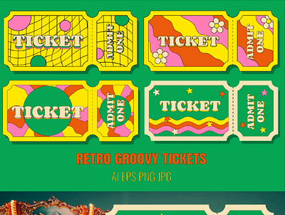 Set of Retro Groovy Tickets 70s entrance event hippie hippy movie person psychedelic summer theater vintage