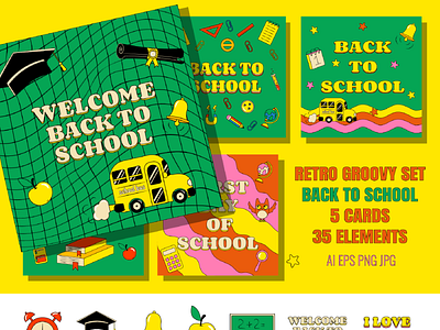 Back To School 5 Retro Groovy Cards science