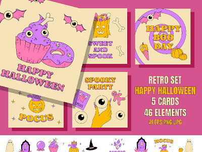 Halloween Cards and Stickers card creepy groovy halloween happy illustration magic magical post psychedelic pumpkin purple retro set sticker tatto vintage