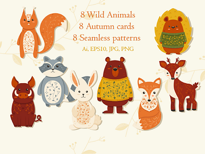 Set of Cute Autumn Wild Animals animals autumn boar cute forest greeting card illustration rabbit seamless pattern vintage wild