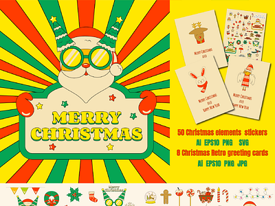 Set of Retro Groovy Christmas angel bunny card christmas christmas card christmas stickers design greeting card groovy illustration merry new year party psychedelic religion retro santa santa claus vintage xmas