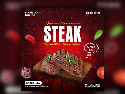 Hot steak bbq flyer and social media typography