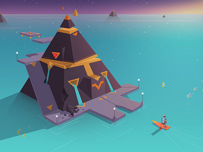 Lotus Ocean adventure game concept art game design game development indie game low poly ocean pyramid pyramids speaker surf triangle waterfall
